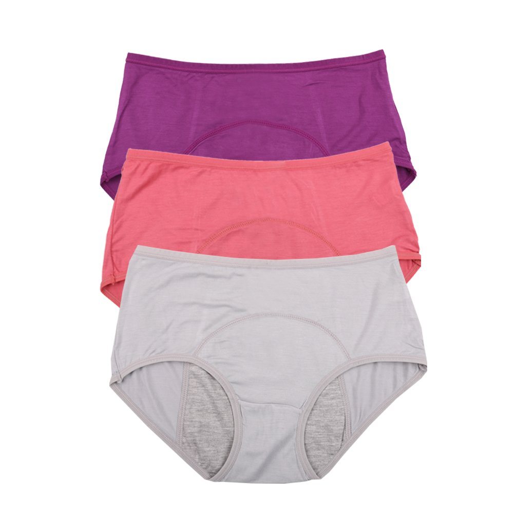 YOYI FASHION Bamboo Viscose Period Briefs, 3 Pack, Elegance Red Purple Gray