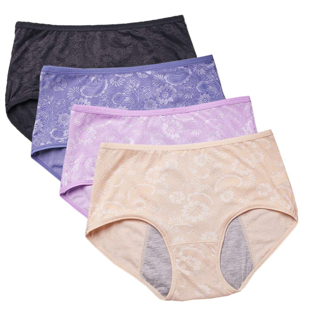 YOYI FASHION Jacquard Period Briefs, 4 Pack, Black Blue Lotus Nude